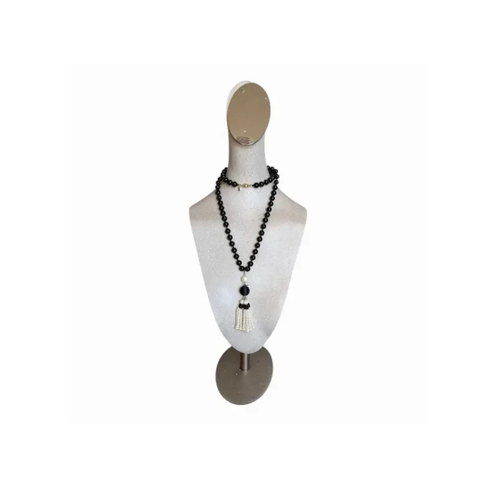Amy Taylor Black Beaded Tassel Necklace Faux Pearl Statement Jewelry